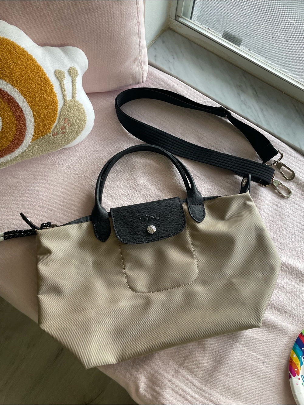 Longchamp Beige Tote with Black Leather Trim and Strap